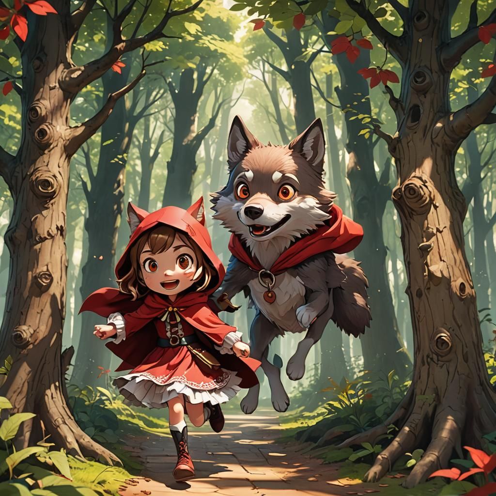 Little Red Riding Hood Jumps in Anime Forest