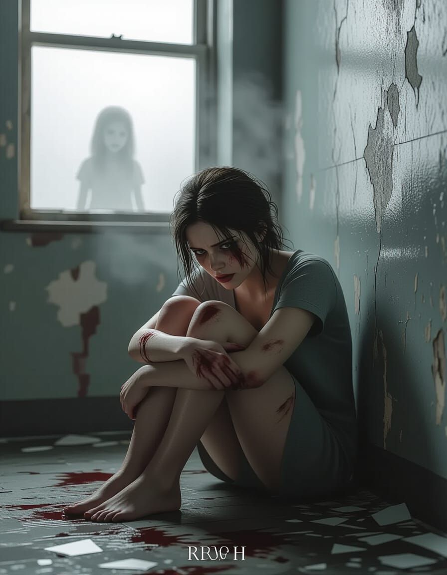 Terrified Woman in Psychiatric Room HDR Illustration