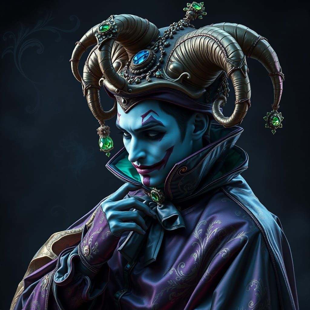 Mysterious Jester in Iridescent Attire, Against a Dark Velve...