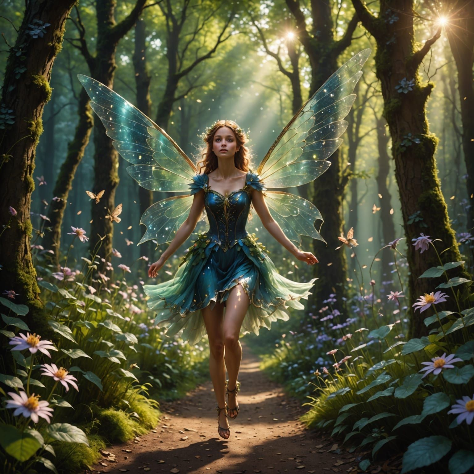 Majestic Fairy Soars Amidst Enchanted Forest Blooms in Digit...