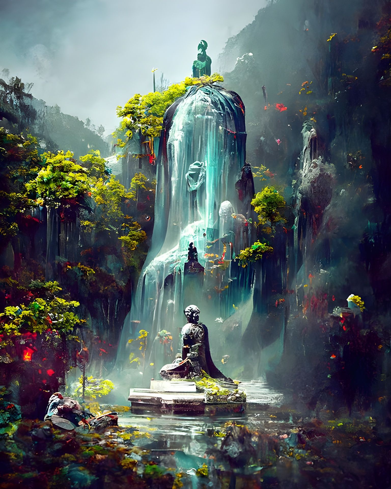 Buddha Statue Under Waterfall in Hyperreal Jungle