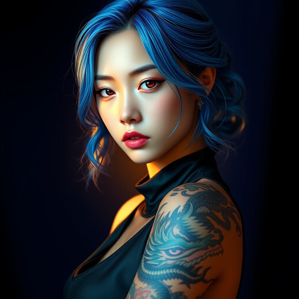 Cyberpunk Beauty with Electric Blue Hair and Dragon Tattoo