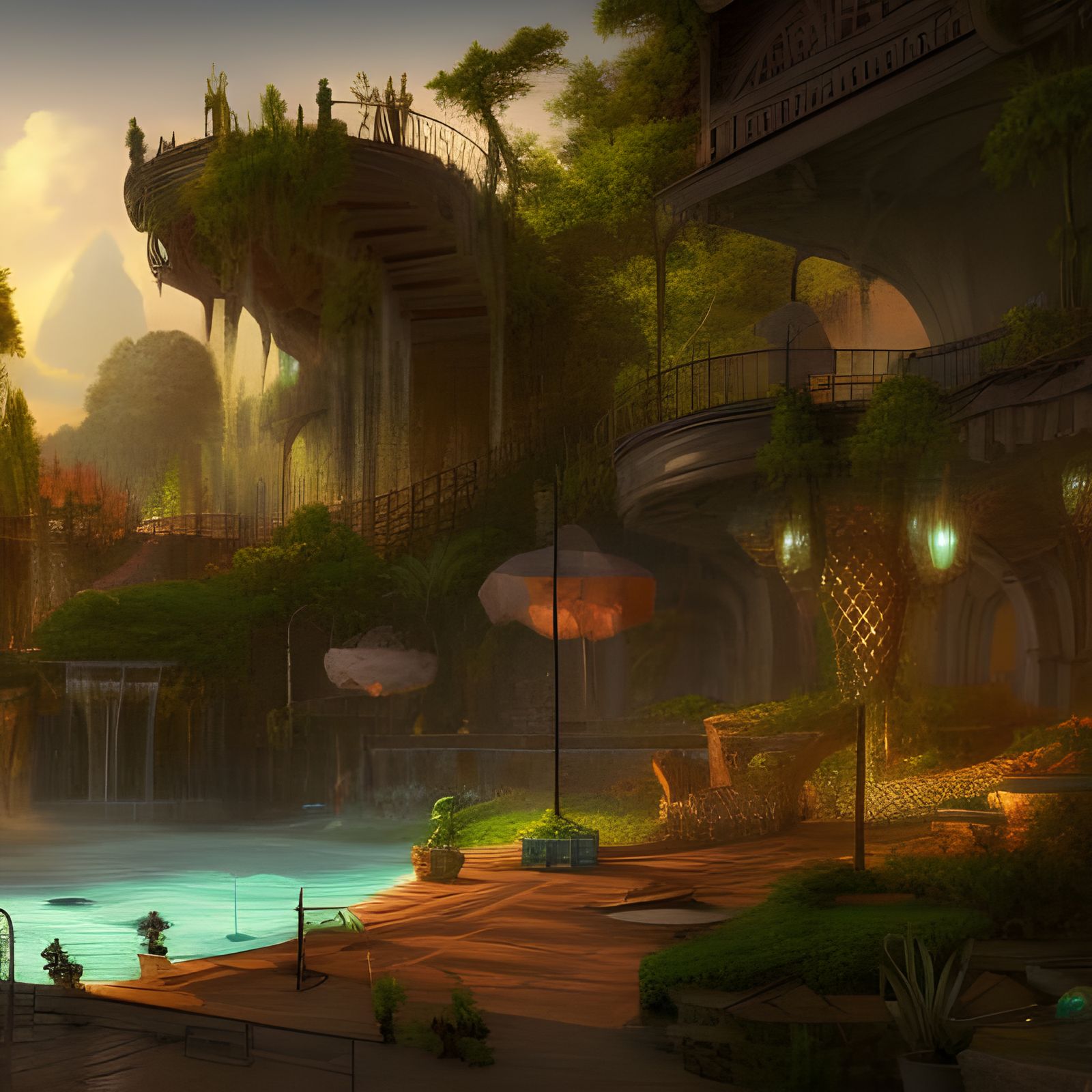 Fantastical Poolside Matte Painting in Deep Color