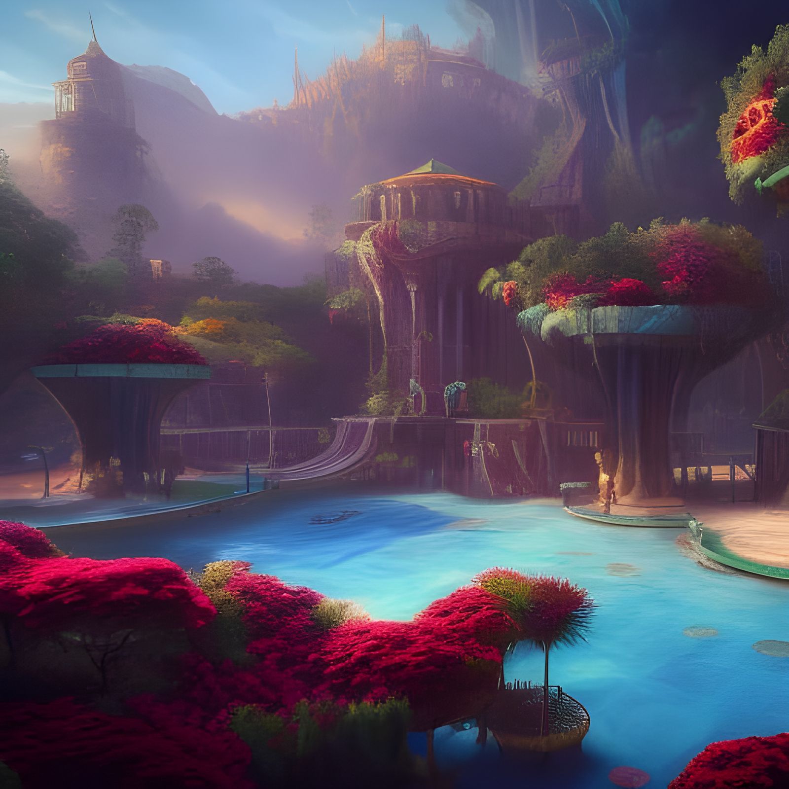 Fantastical Poolside Scene in Deep Color