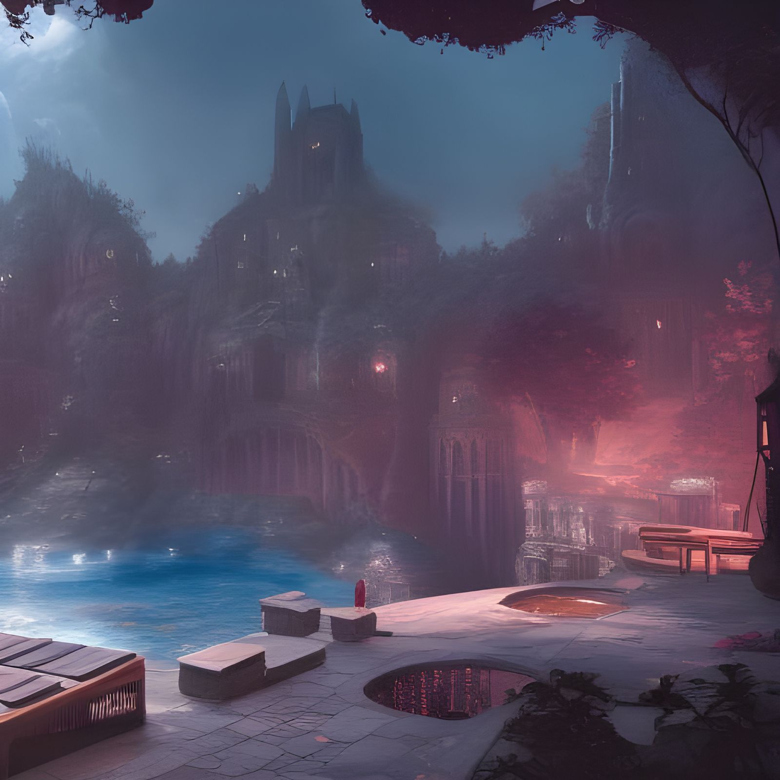 Fantastical Poolside Matte Painting in Deep Color