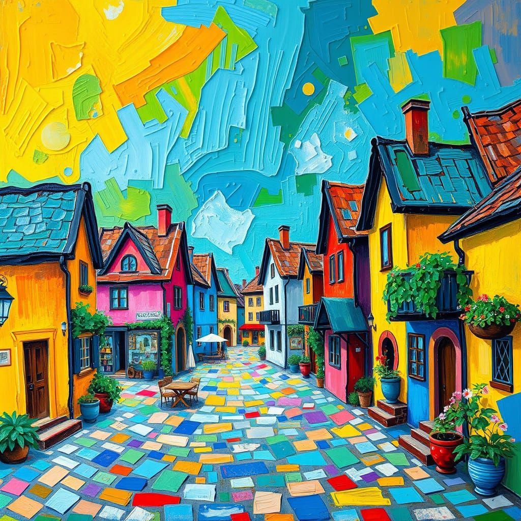 Vibrant Neo-Impressionist Village Scene