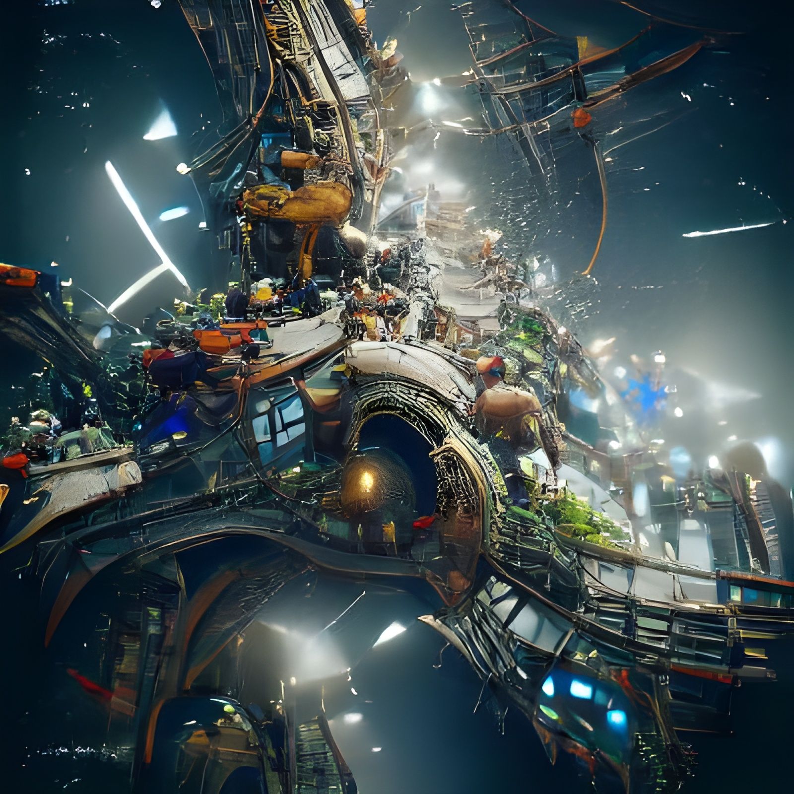 Crowded Space Station Interior in Cyberpunk Style
