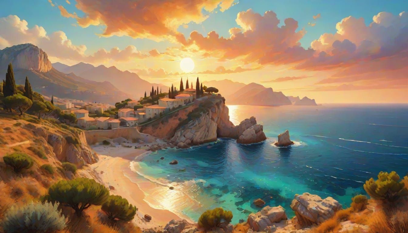 Neo-Impressionist Mallorca Landscape at Sunset