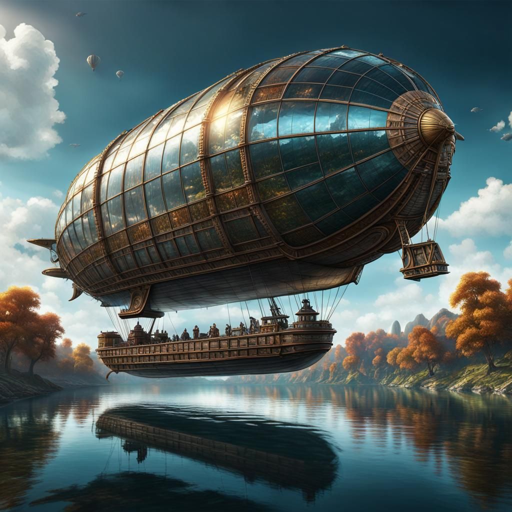 Hyperrealistic Glass Airship Over Lake in 8k