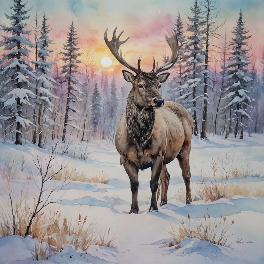 Moose in Winter Sunset Alcohol Ink Art