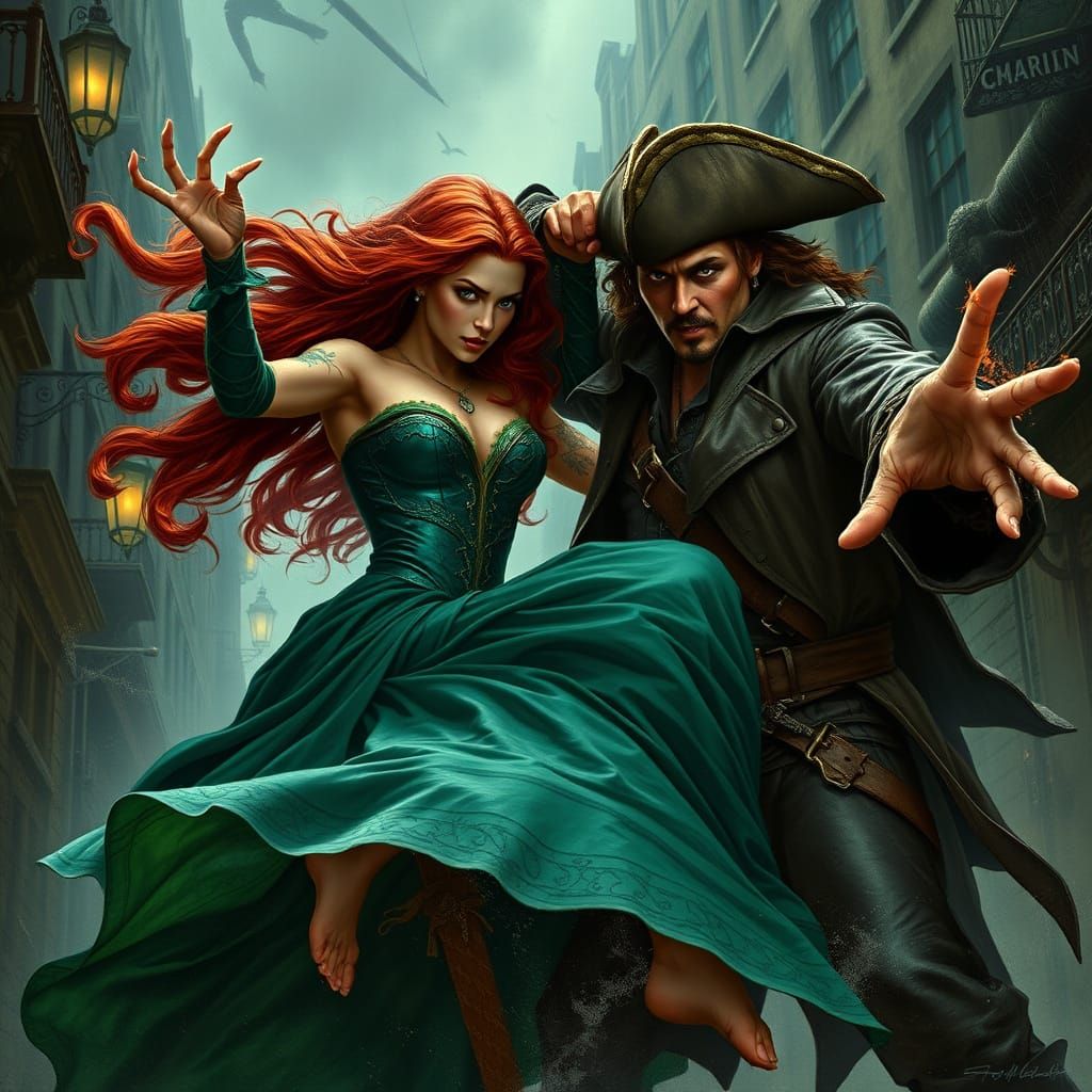 Queen Mera Battles Captain Jack Sparrow in a Dark, Moody Urb...