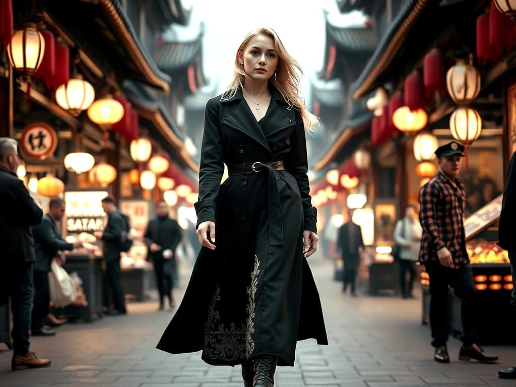 Cinematic Night Market Portrait in Film Noir Style