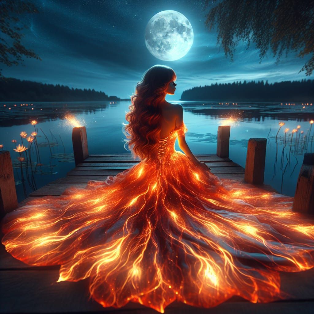 Mystical Woman in Radiant Dress Under Full Blood Moon