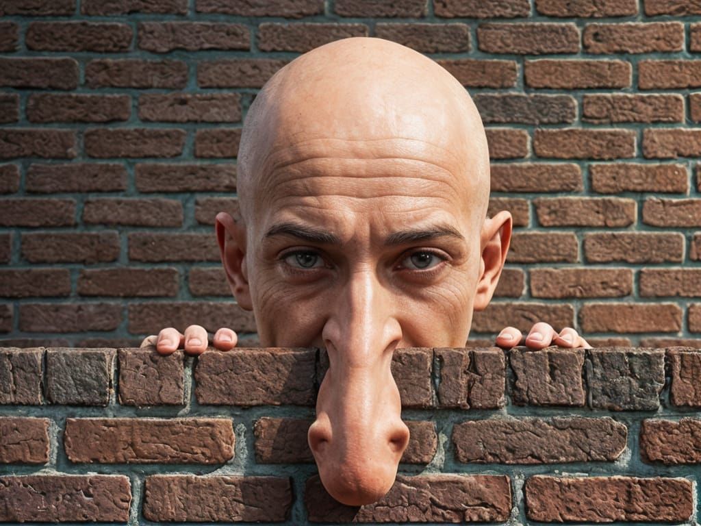 Bald Figure Peers Over Brick Wall in Hyperrealistic Fractal ...