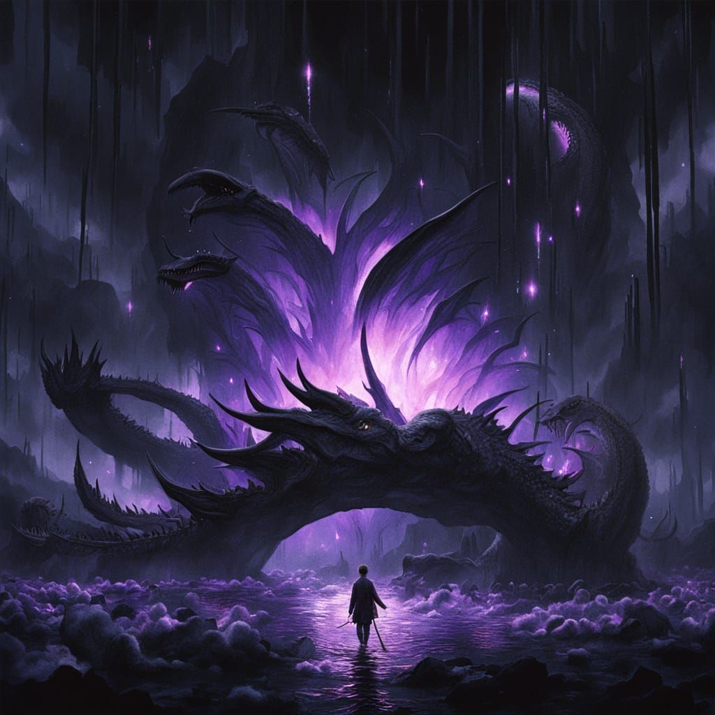 Black Dragon Holding Vantablack Lotus in Dark Lake