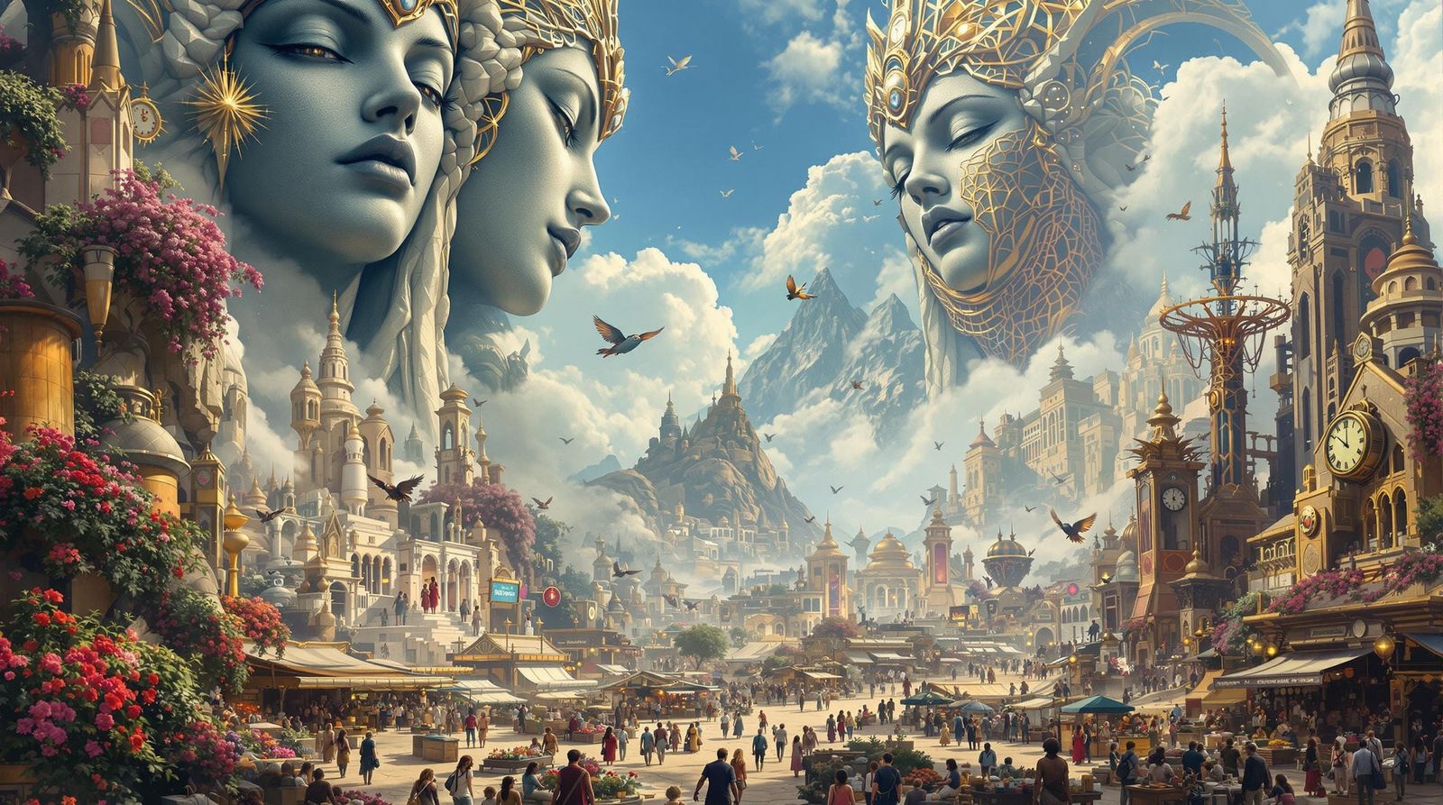 Surreal Cityscape with Obsidian Goddess Murals