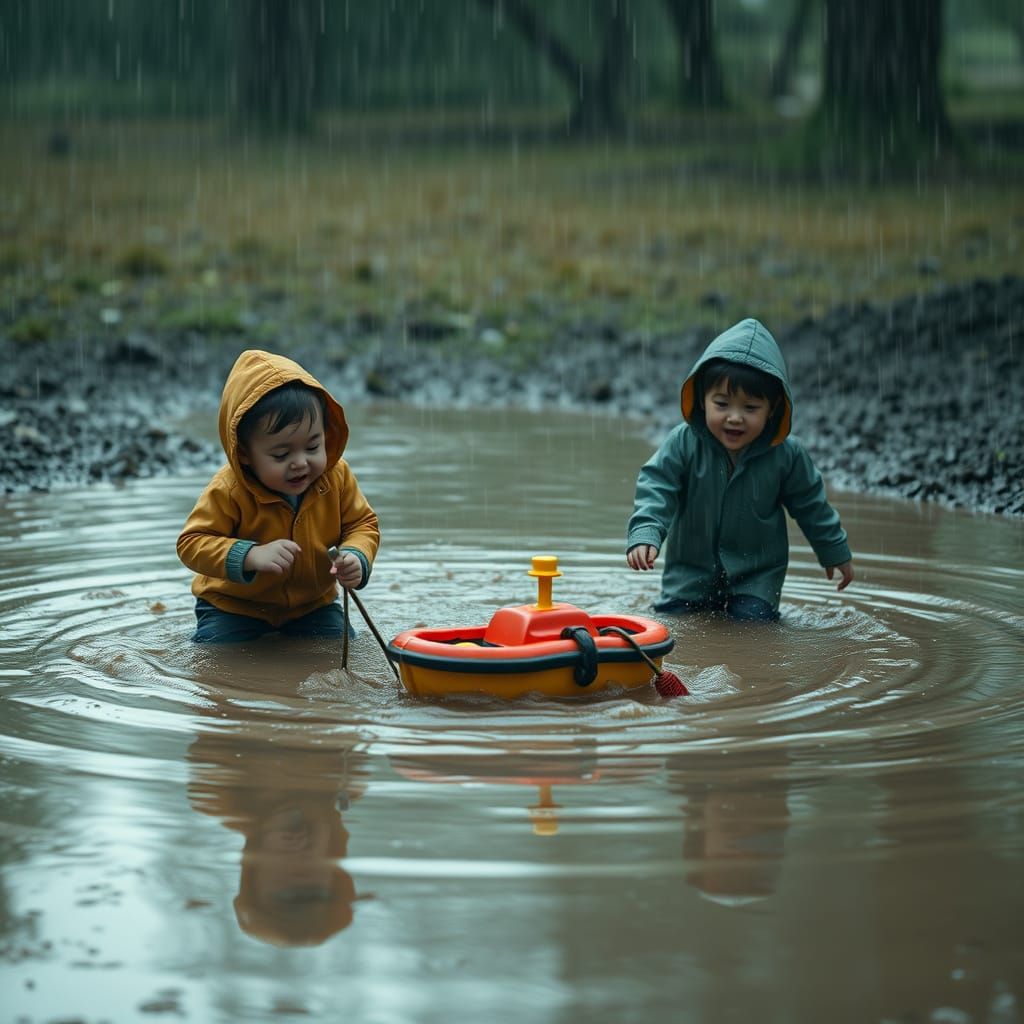 Boys Playing in Mud Puddle in Heavy Rain