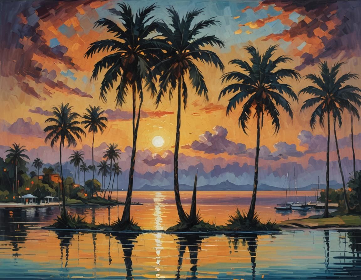 Palm Trees at Sunset: Impressionist Oil Painting