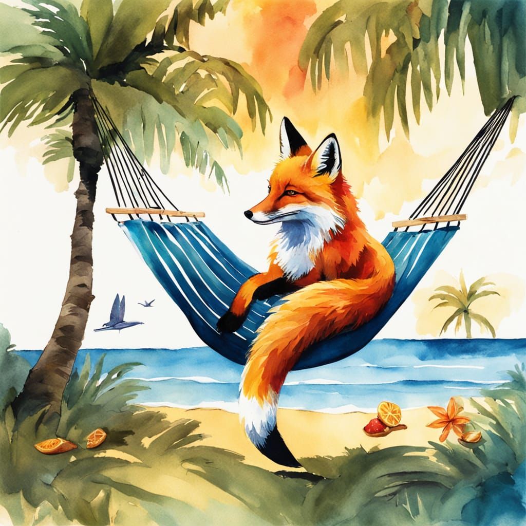 Fox Relaxing in Hammock, Dreamy Watercolor Painting