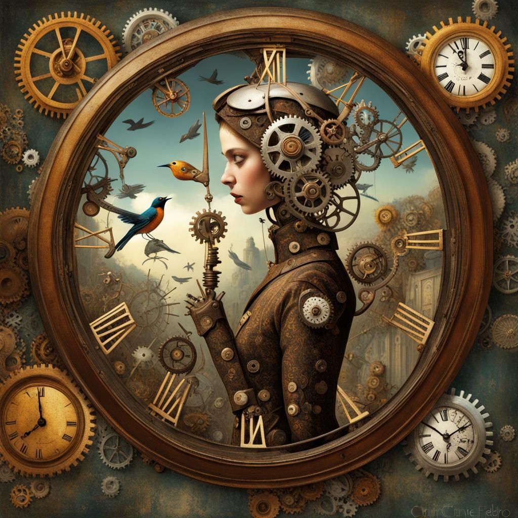 Clockwork Robot Repairs Celestial Gears in Art Nouveau Style