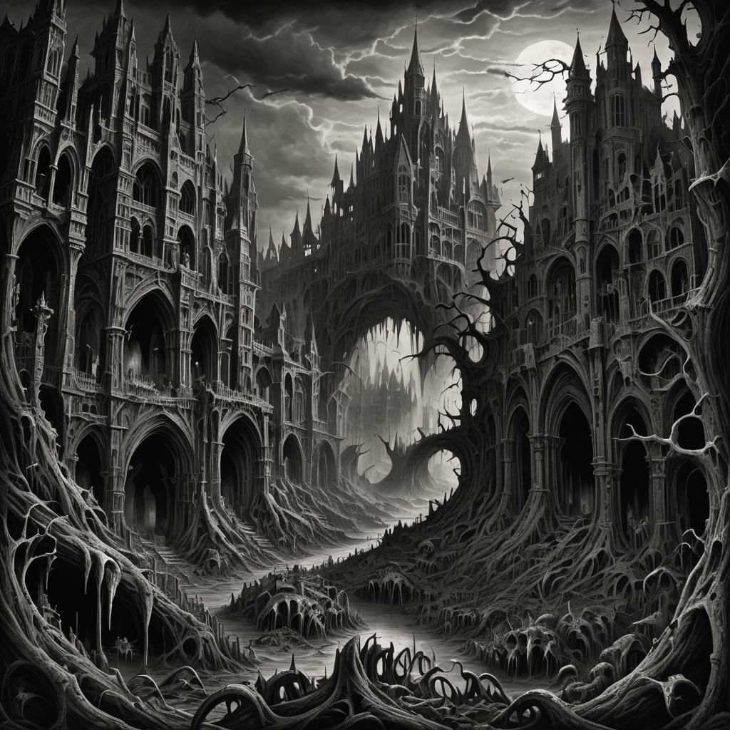 Gothic Horror Metropolis in Gustave Doré Style