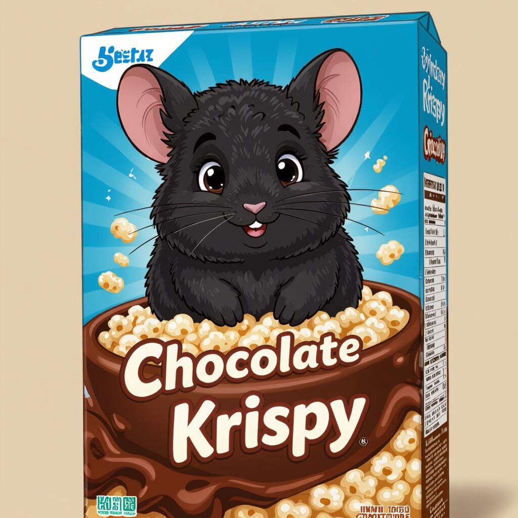 Fluffy Black Chinchilla Mascot for Chocolate Cereal Box
