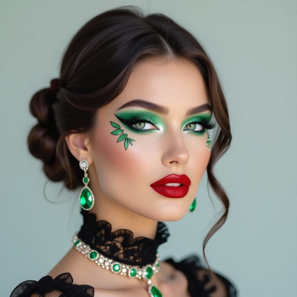 Gothic Glamour Woman with Emeralds and Butterfly Makeup
