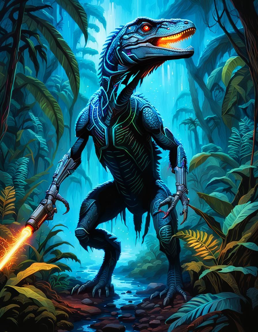 Cyberpunk Velociraptor Shoots Laser in Neon Jungle