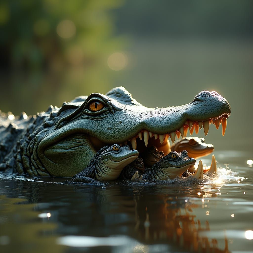 Hyper-Realistic Nile Crocodile Mother with Babies in Nile Ri...