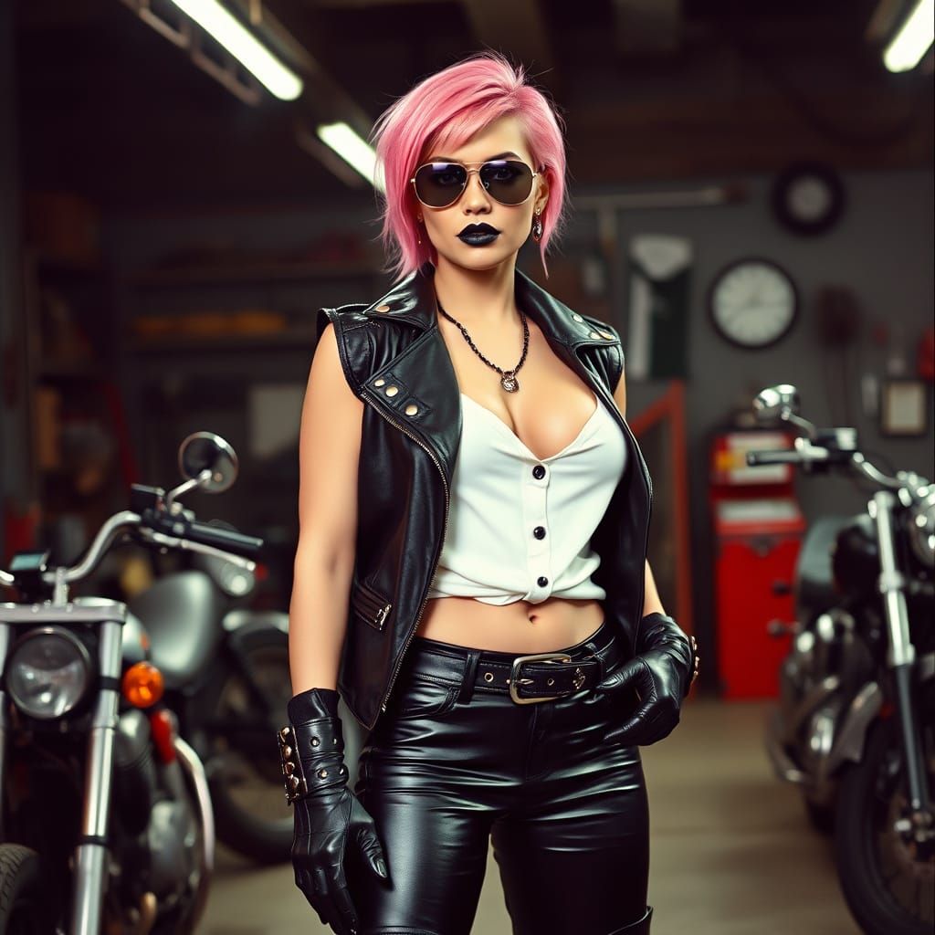 Sultry Punk Biker Goddess in Motorcycle Garage