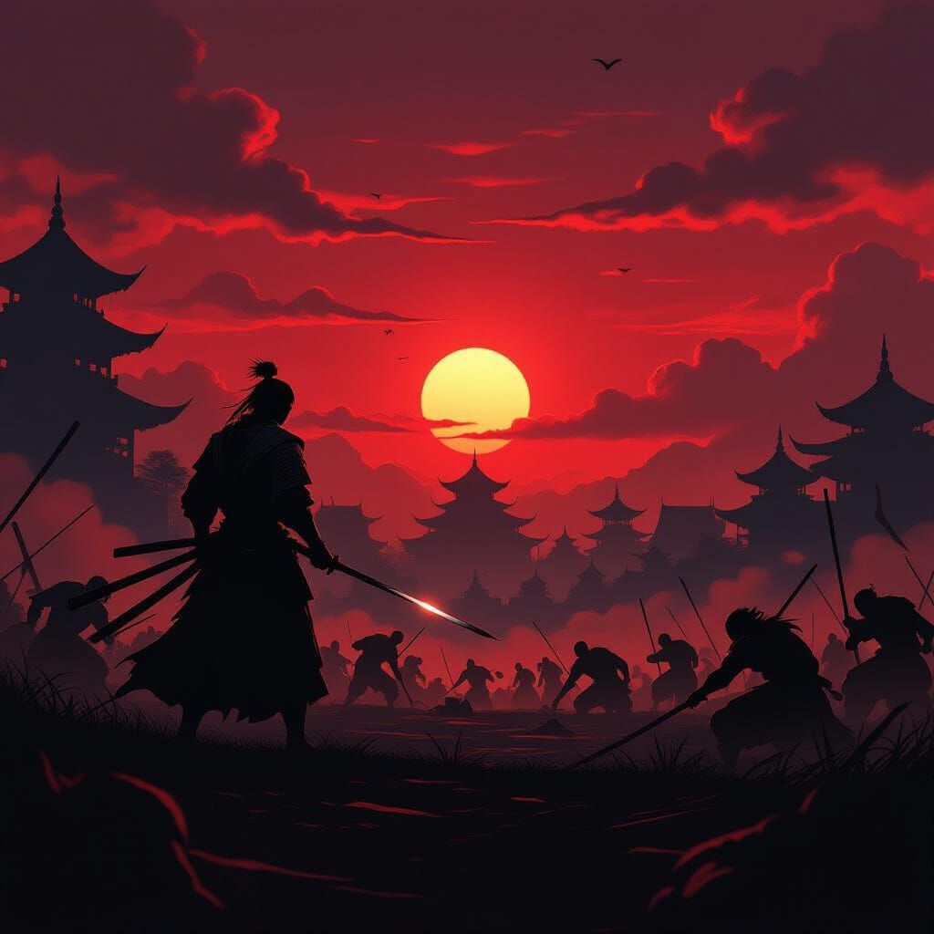 Lone Samurai Battles Demons at Blood-Red Sunset
