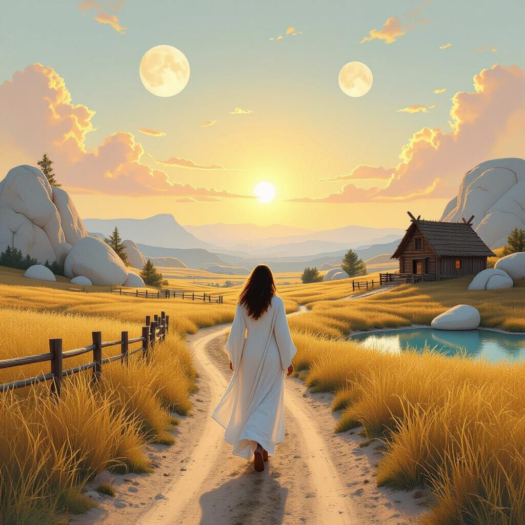 Woman Walks Through Vale at Sunrise with Two Fading Moons
