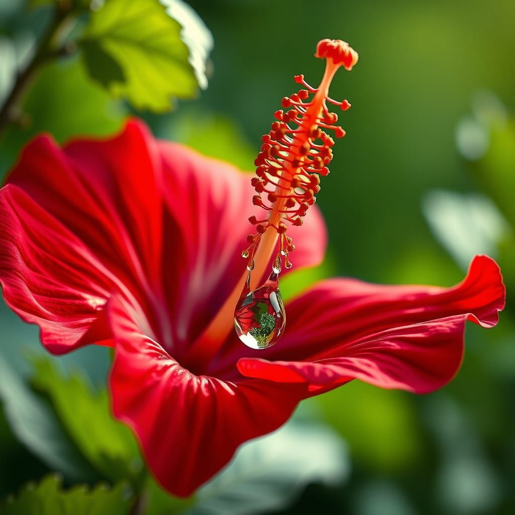 Macro Red Hibiscus Flower with Water Droplet