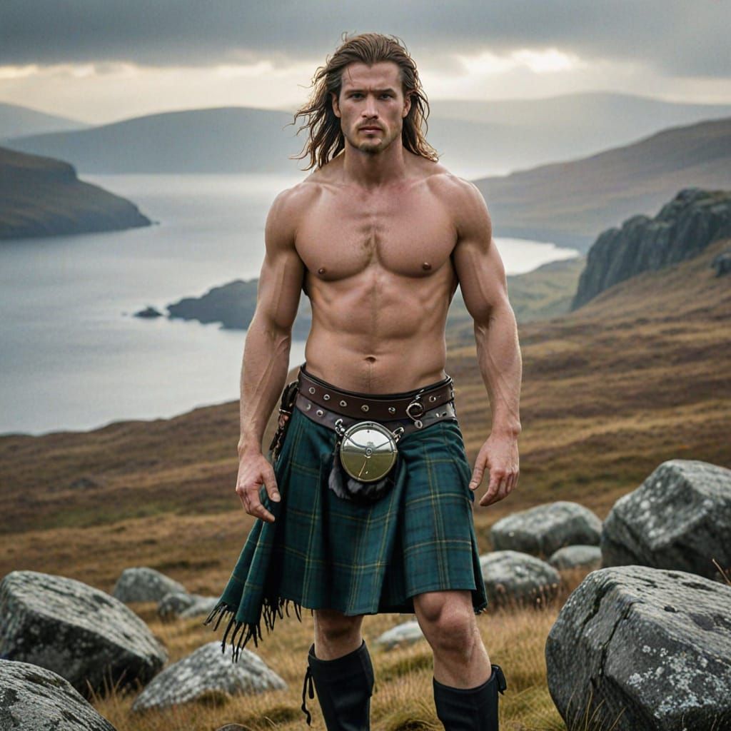 Ancient Scottish Warrior Poses Heroically in Highland Landsc...