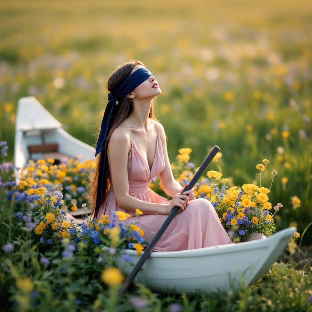 Woman in a Lush Field with a White Boat
