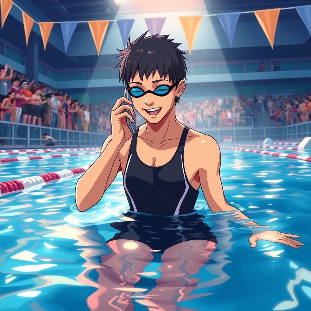 Anime Swimmer Answers Phone During Competition
