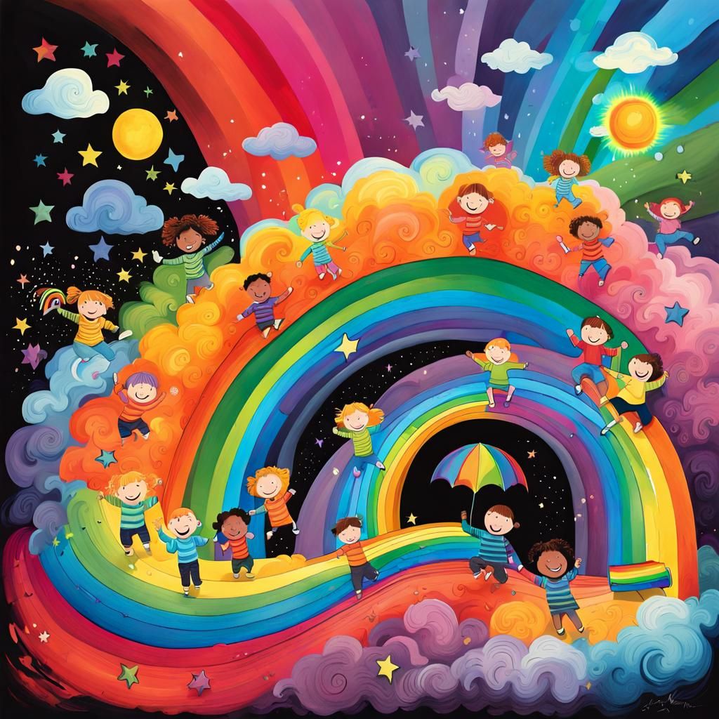 Toddlers on Rainbow Slide: Dark Fantasy Ink Art