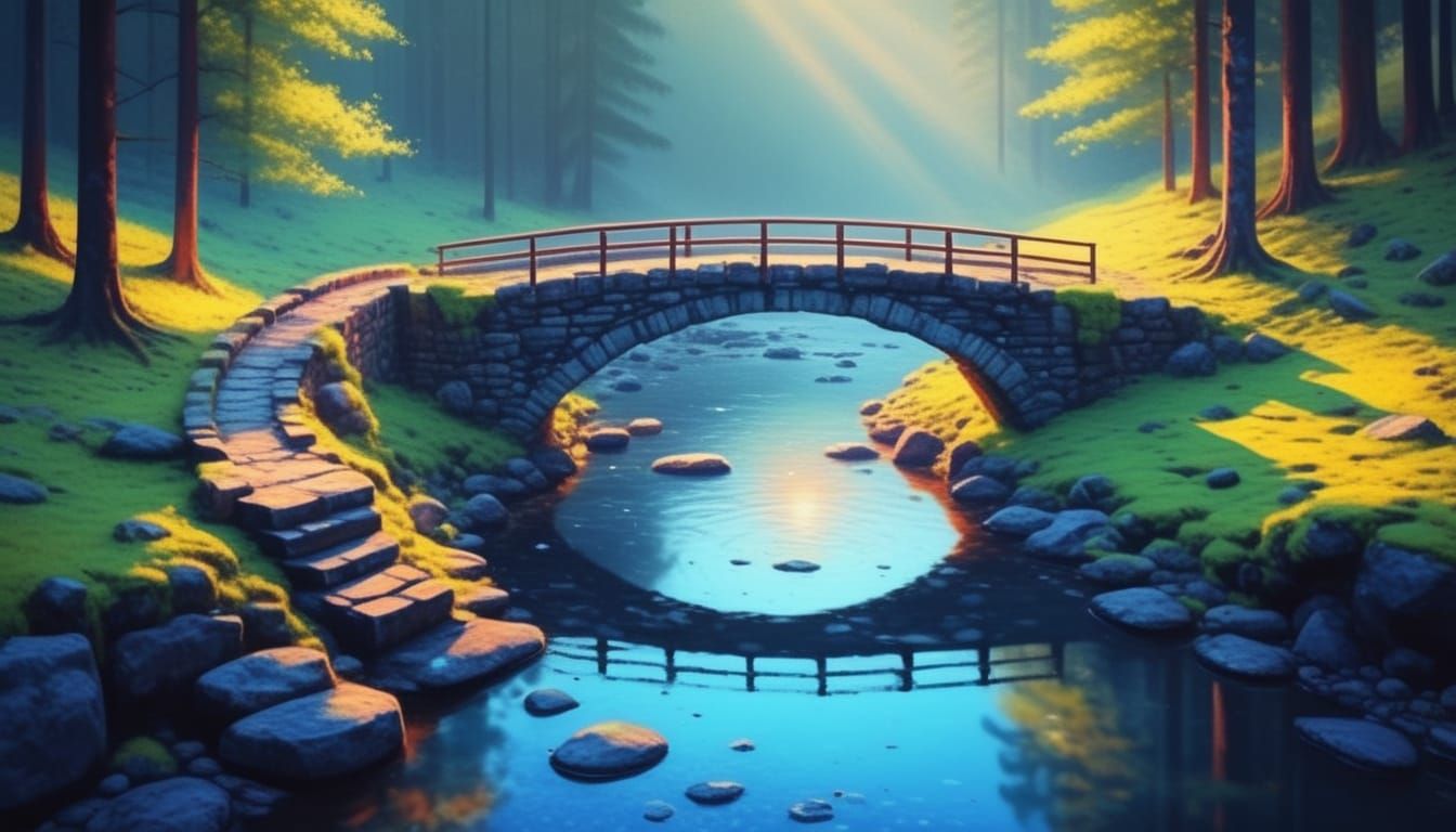 Impressionist Stone Bridge Landscape in Golden Light