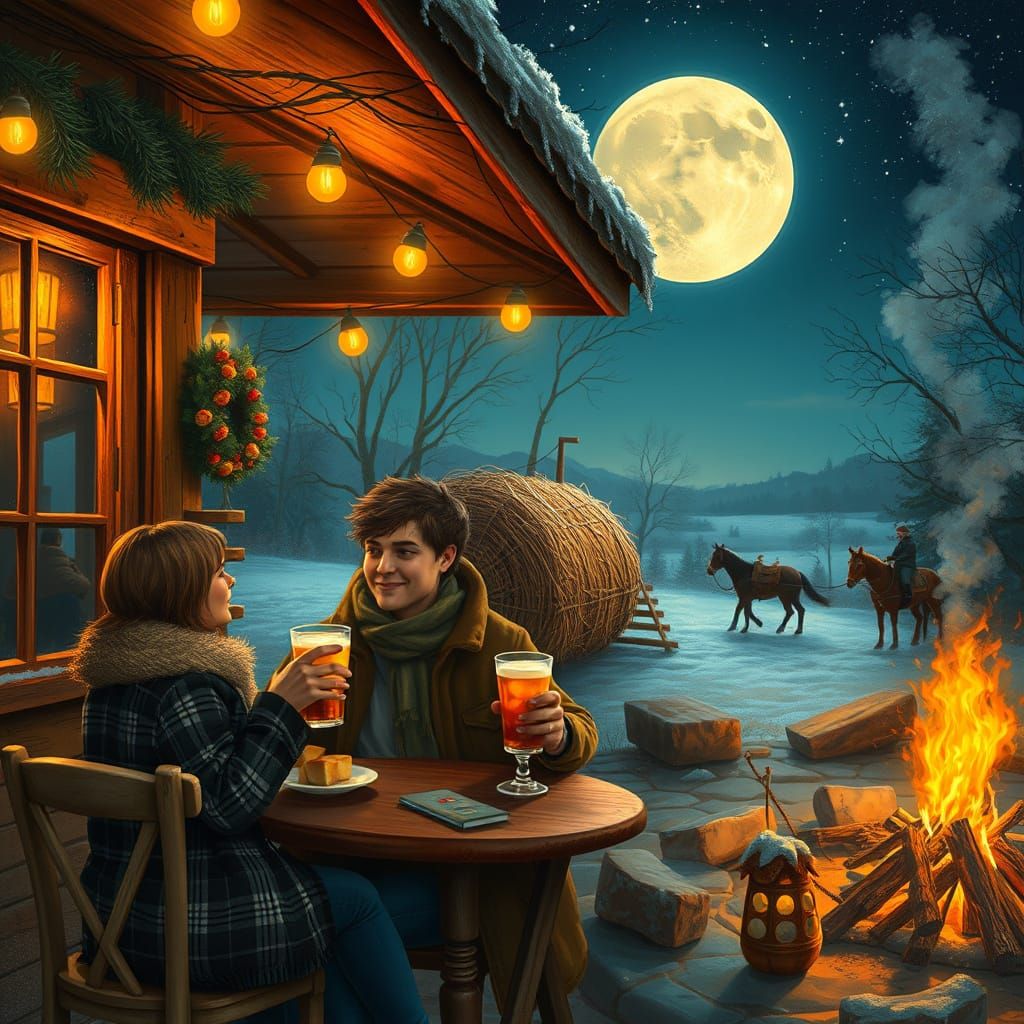 Romantic Cafe Scene Under Harvest Moon