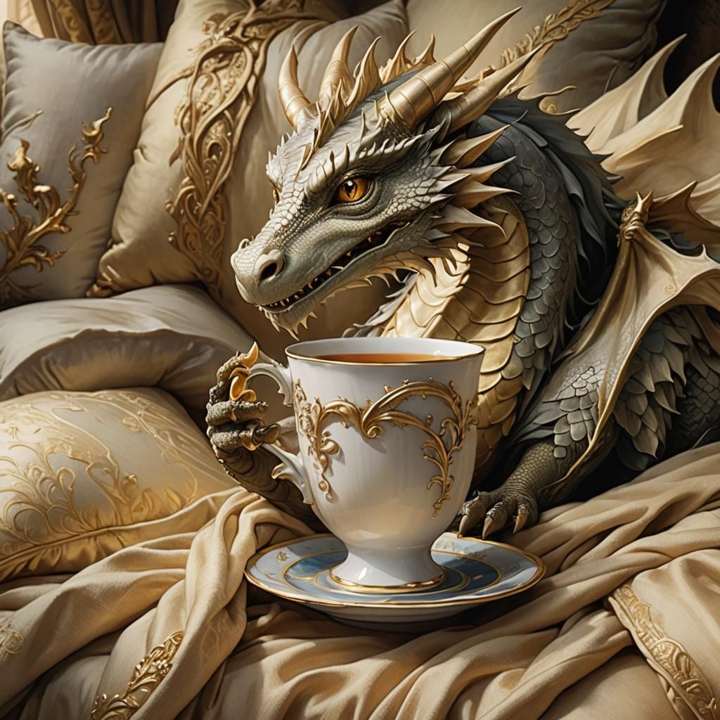 Peaceful Dragon Sipping Tea: Whimsical Fantasy Art