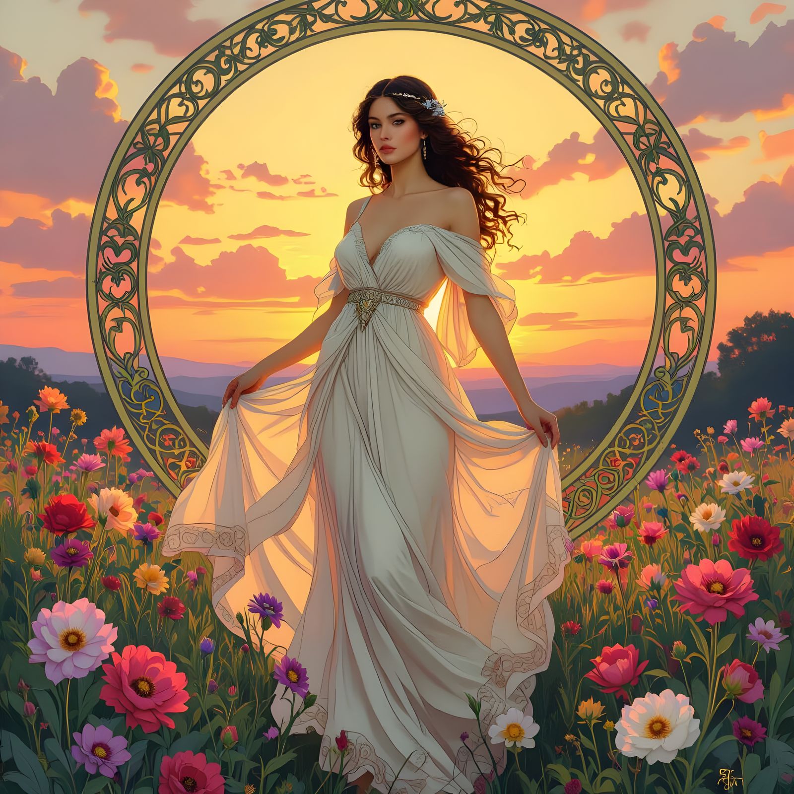 Mystical Woman with Flowers in Art Nouveau Style