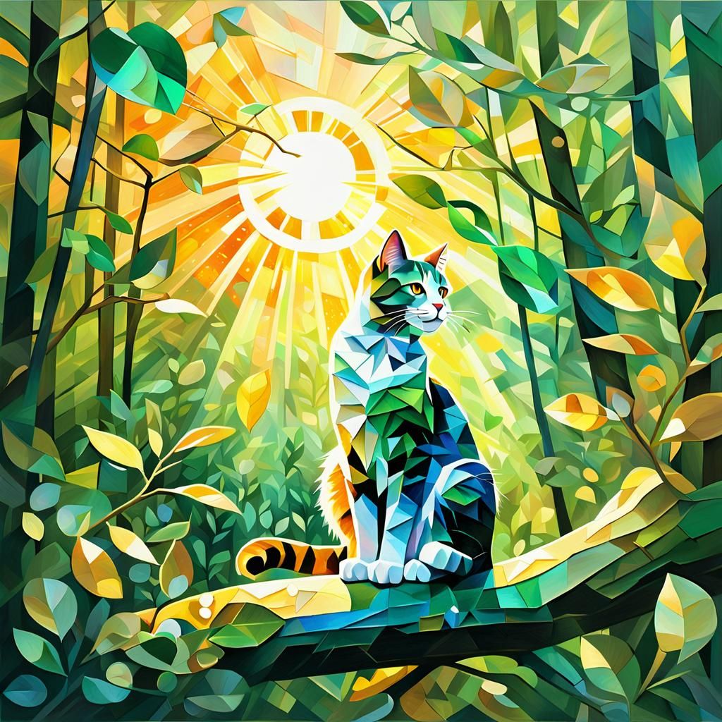 Ethereal Sunset Forest with Cat, Sparkling Colors