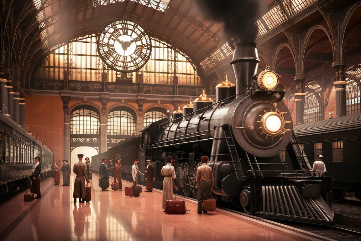 Vintage Train Station with Steam Locomotive