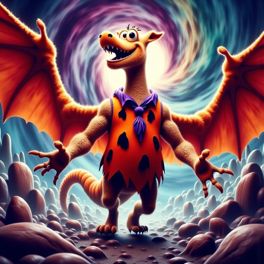 Fred Flintstone Transforms into a Pterodactyl