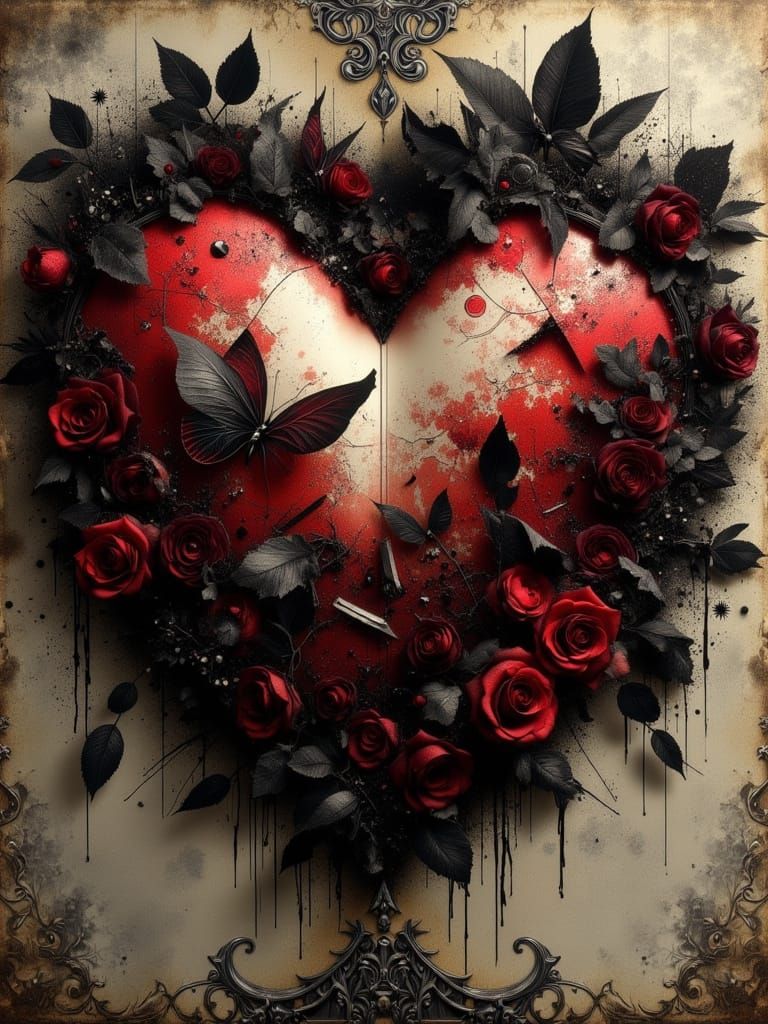 Fragmented Porcelain Heart with Thorny Roses in Mixed Media ...