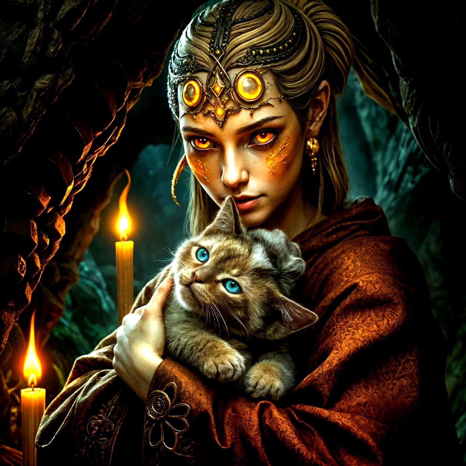 Mysterious Glowing Lady with Kitten, Rembrandt Style
