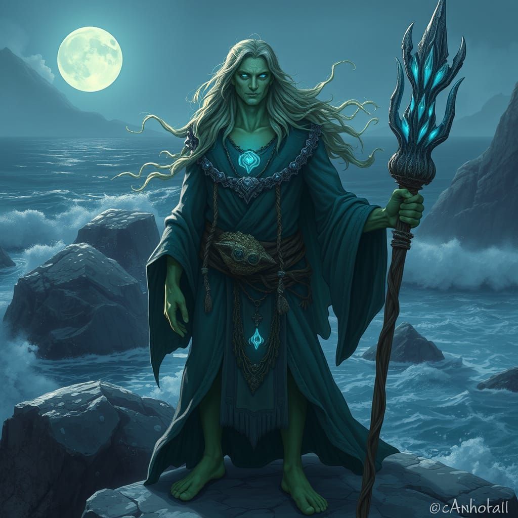 Sea-Faring Druid Stands Tall on the Coast in Ethereal Glow