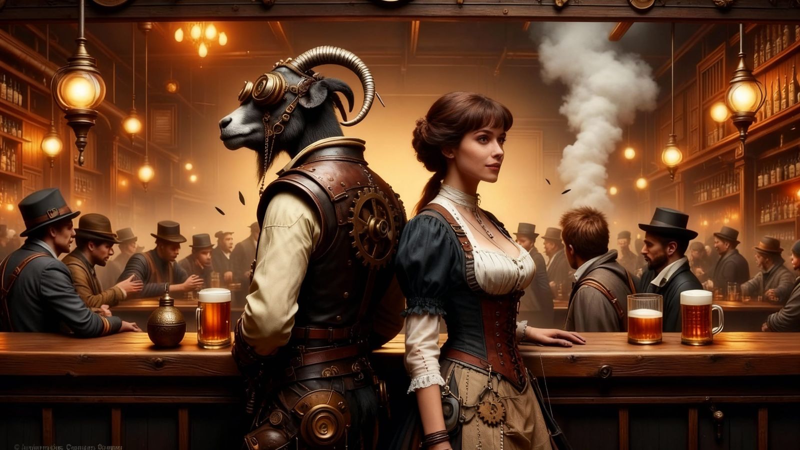 Steampunk Celebration: Goat Engineer & Seamstress Amidst Pub...