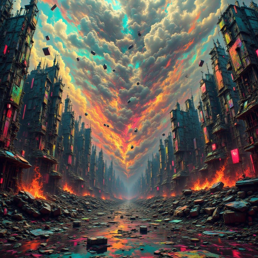 Surreal Ruined Cityscape in Glitch Art Style