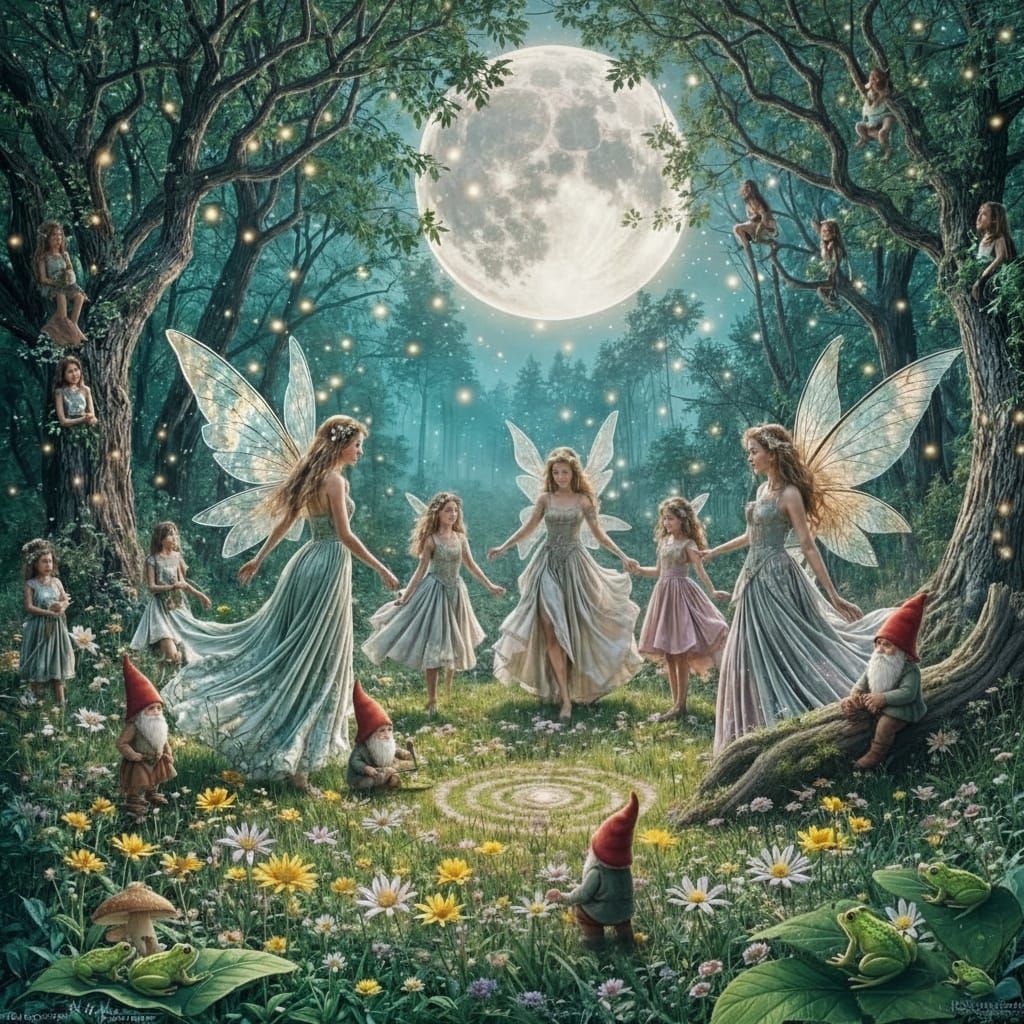 Magical Creatures Dance Under Moonlight in Enchanted Forest